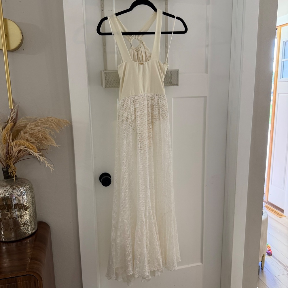 PatBO Asymmetric Netted Beach Dress White Seashell Halter Maxi Coastal Bridal S - Picture 2 of 9